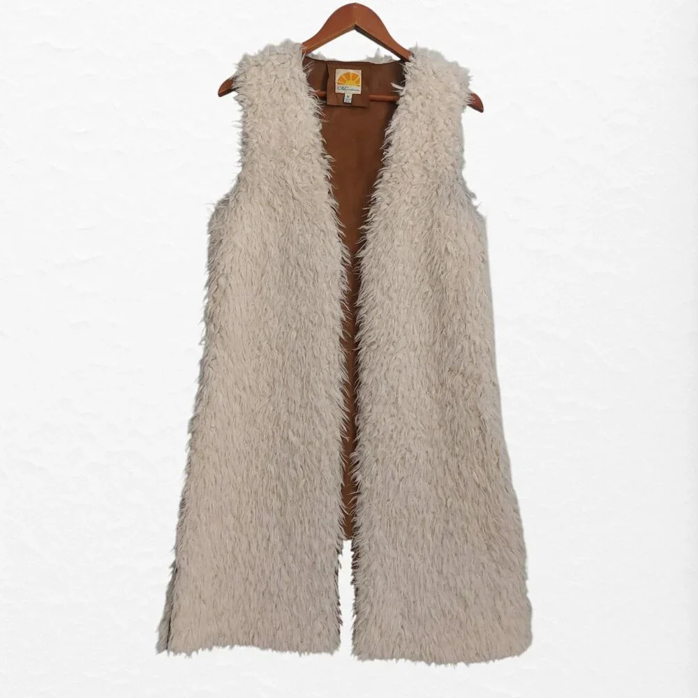 Faux Fur Cardigan Vest M White Brown Faux Suede Boho Chic Cabincore Open Front - Picture 5 of 10